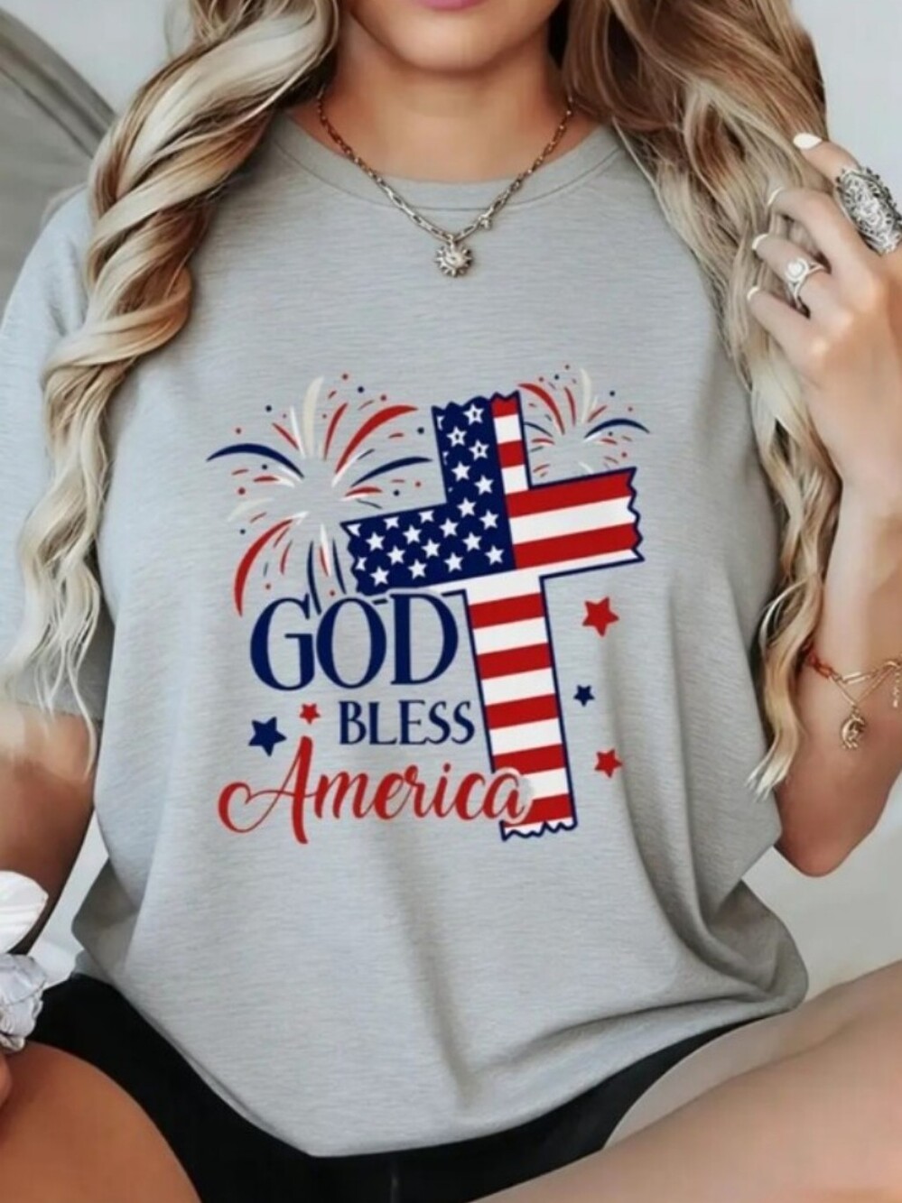 God Bless America Patriotic Cross Tee -  Gray